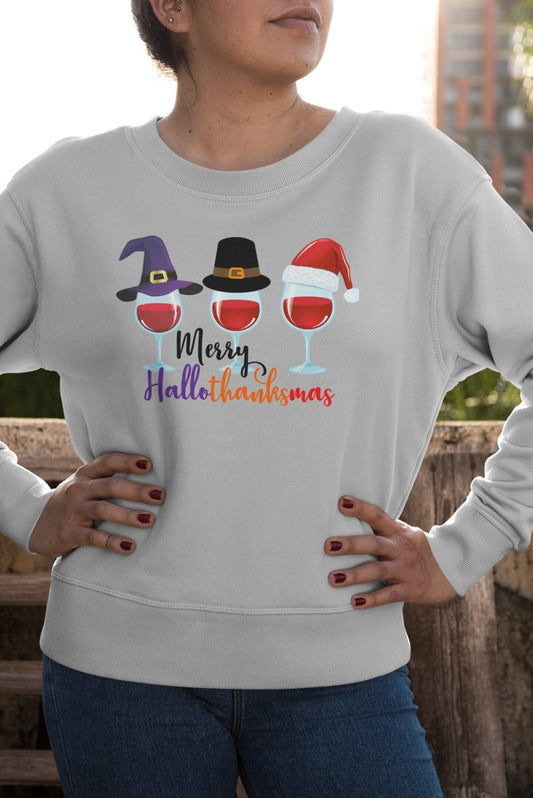 Halloween Thanksgiving Christmas Shirt, Hallothanksmas shirts, funny holiday sweatshirt, teacher holiday apparel, gift for her holiday party - SBS T Shop
