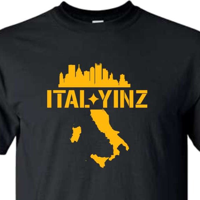 Ital Yinz Pittsburghese for Those Italian Pittsburghers T Shirt (Youth or Adult) Gold T with Black Print / Small