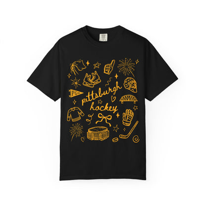 Pittsburgh Hockey Comfort Colors Shirt, Cute PGH Ice Hockey Doodle Tee, Trendy Gold and Black Game Day Apparel, Winter Sports Fan Gift
