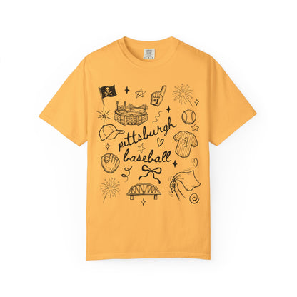 Pittsburgh Baseball Comfort Colors Shirt, Trendy PGH Game Day T-shirt, Yellow Citrus Summer Sports Tee, Hand Drawn Doodle City Art Top