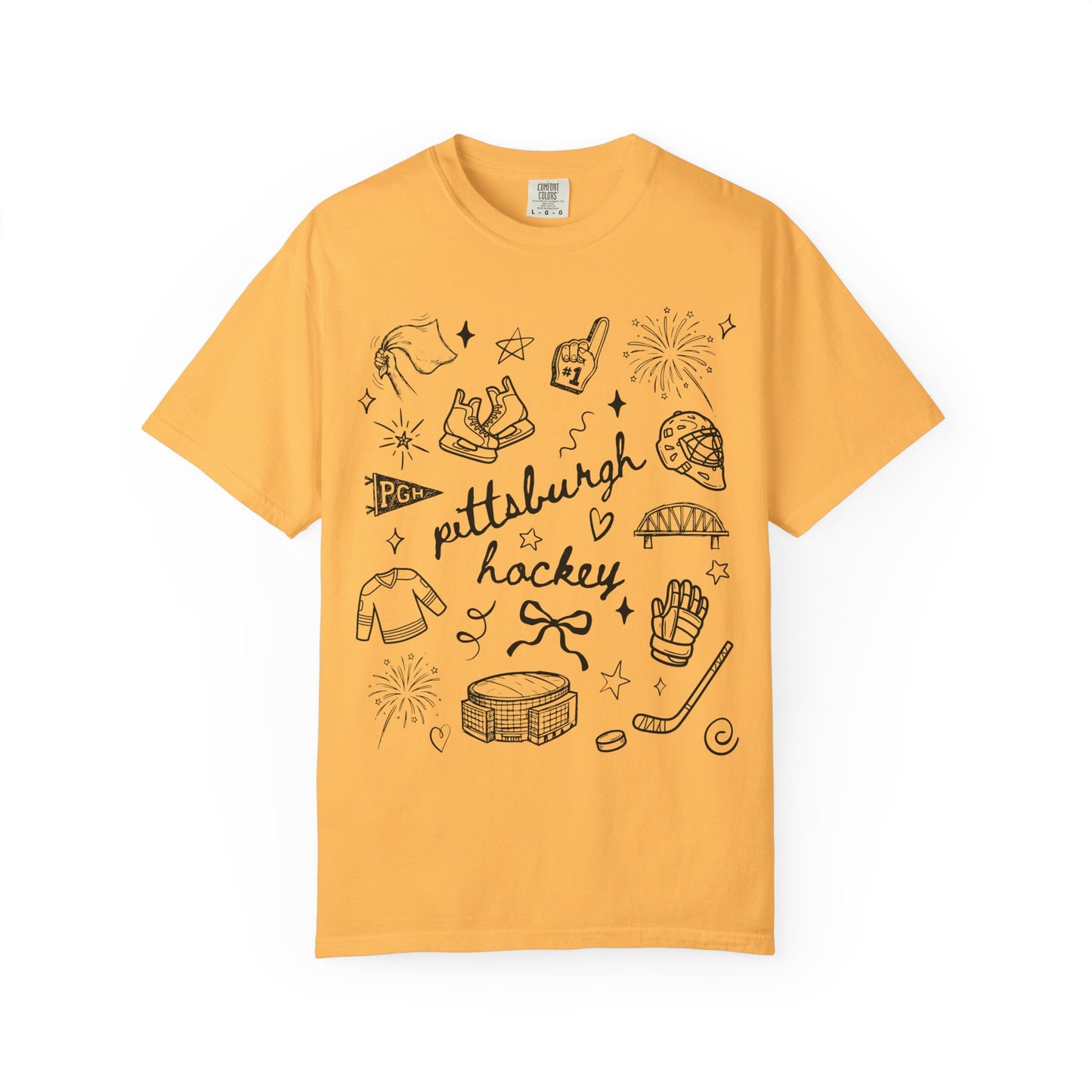 Pittsburgh Hockey Comfort Colors Shirt, Cute PGH Ice Hockey Doodle Tee, Trendy Gold and Black Game Day Apparel, Winter Sports Fan Gift