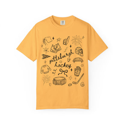 Pittsburgh Hockey Comfort Colors Shirt, Cute PGH Ice Hockey Doodle Tee, Trendy Gold and Black Game Day Apparel, Winter Sports Fan Gift