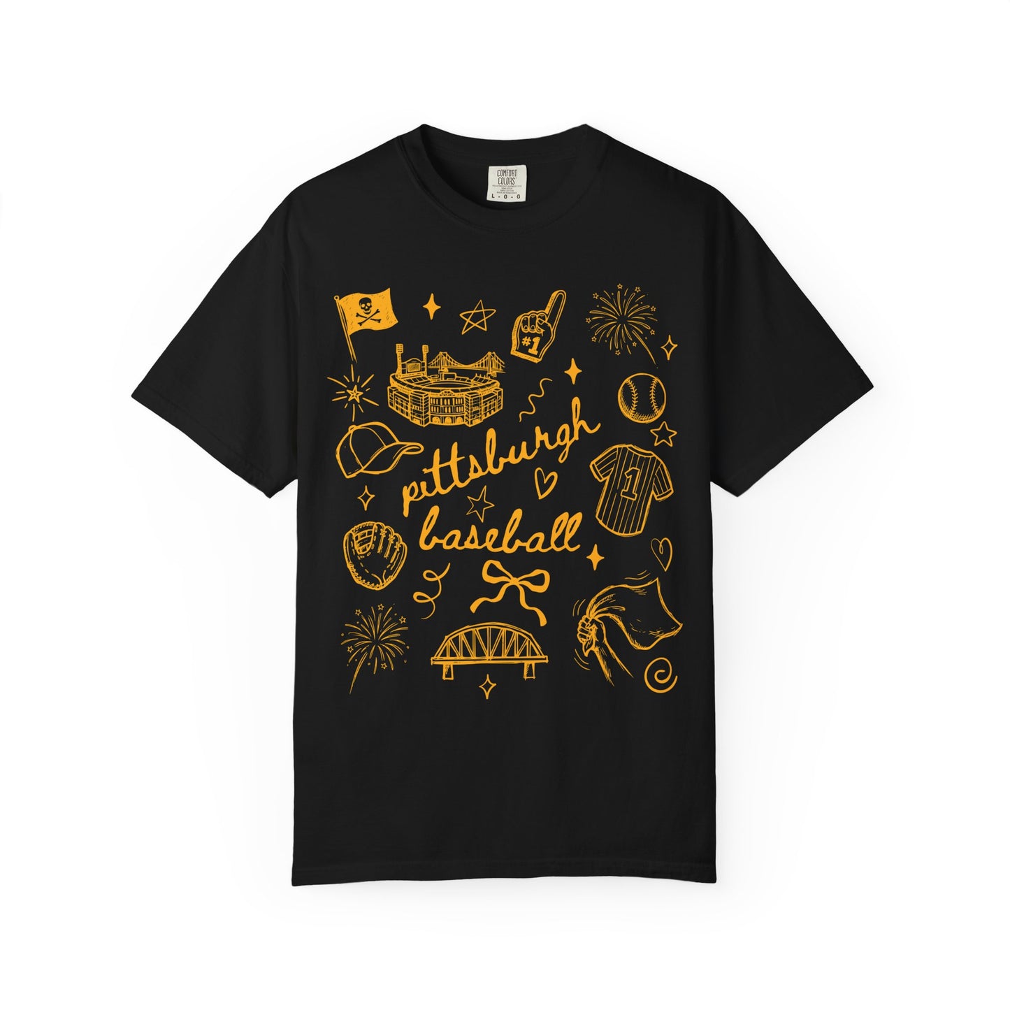 Pittsburgh Baseball Comfort Colors Shirt, Trendy PGH Game Day T-shirt, Yellow Citrus Summer Sports Tee, Hand Drawn Doodle City Art Top
