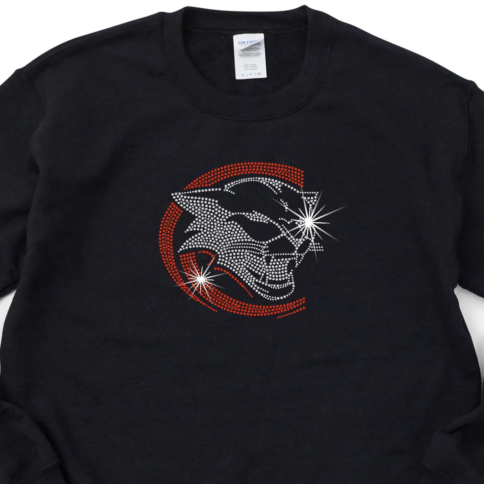 black sweatshirt with the Charleroi Cougar "C" log in clear and siam rhinestones.