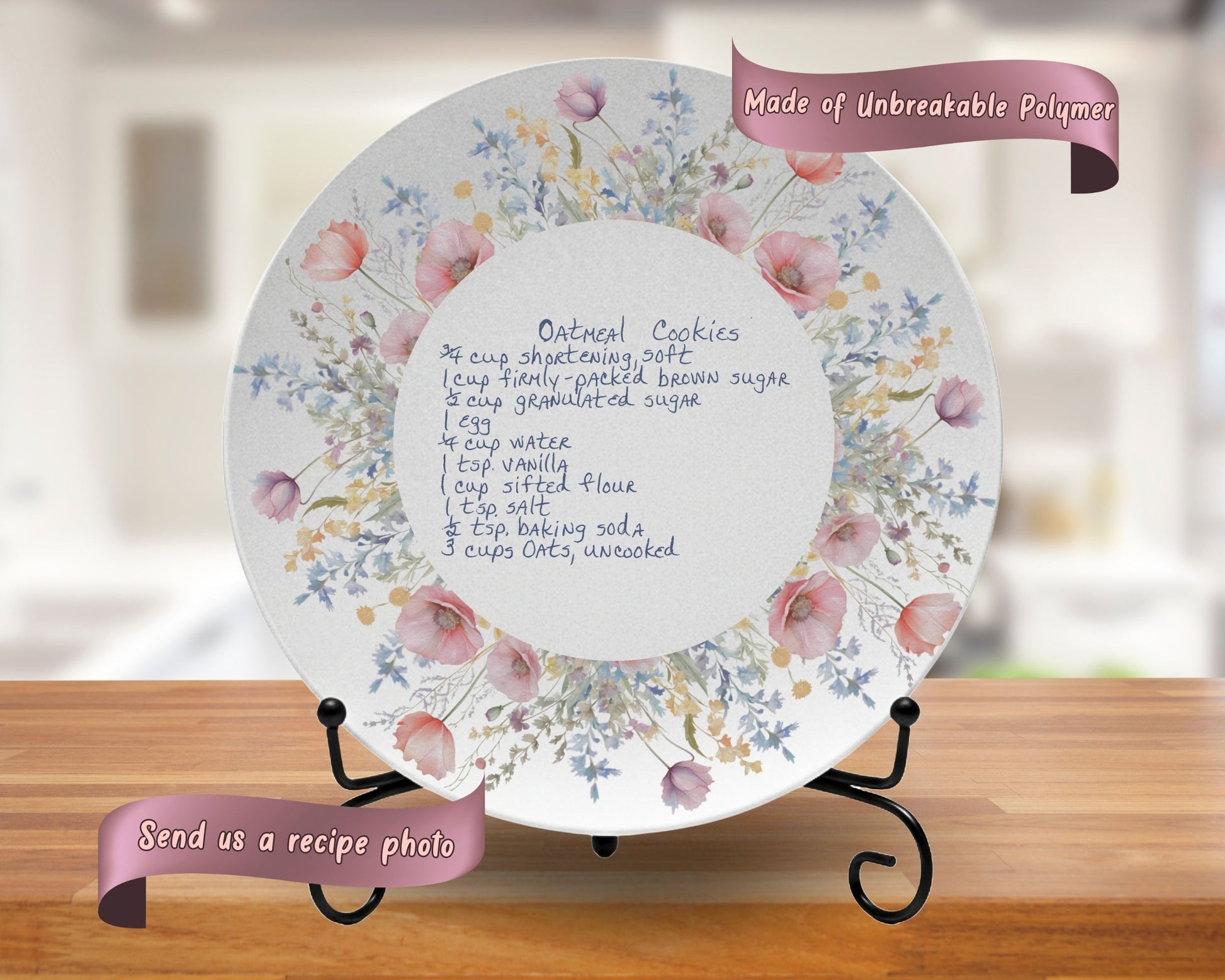 Decorative plate with floral design and recipe text on a stand, with a blurred kitchen background.