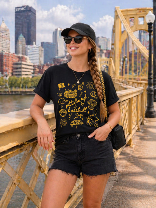 Pittsburgh Baseball Comfort Colors Shirt, Trendy PGH Game Day T-shirt, Yellow Citrus Summer Sports Tee, Hand Drawn Doodle City Art Top