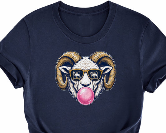 A navy blue short-sleeve t-shirt with a graphic of a ram wearing sunglasses with Ringgold's R Ram Logo in the sunglass lens, and blowing a pink bubblegum bubble, styled with a knot at the bottom hem against a white background.
