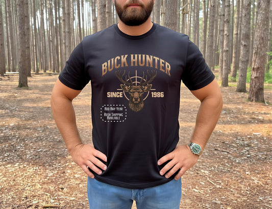 Men’s Buck Hunter Since 1986 shirt – deer graphic tee for hunters, personalized hunting 40th birthday gift, outdoorsman shirt in black, navy, green, gray, and indigo.
