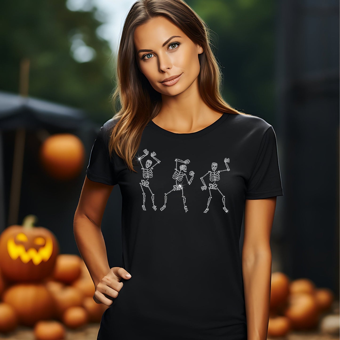 Halloween Rhinestone Skeleton Shirt, Scary Bling t - shirt, Fall Ladies T pumpkin patch, trick or treat, fall casual, teacher school party - SBS T Shop