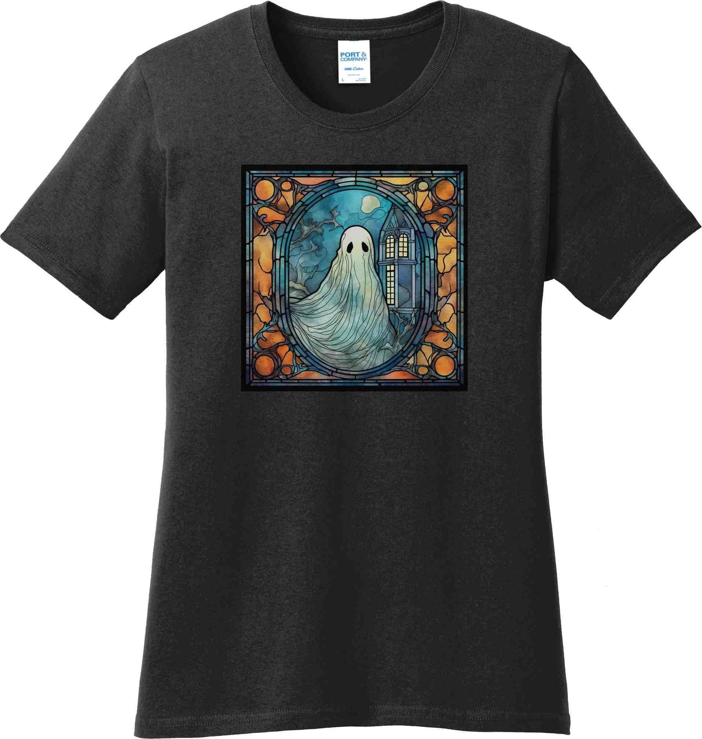 Halloween Stained Glass Ghost and Haunted House Ladies Tee or Crewneck Sweatshirt, Spooky Cute Halloween Tee, school halloween party