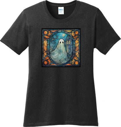 Halloween Stained Glass Ghost and Haunted House Ladies Tee or Crewneck Sweatshirt, Spooky Cute Halloween Tee, school halloween party