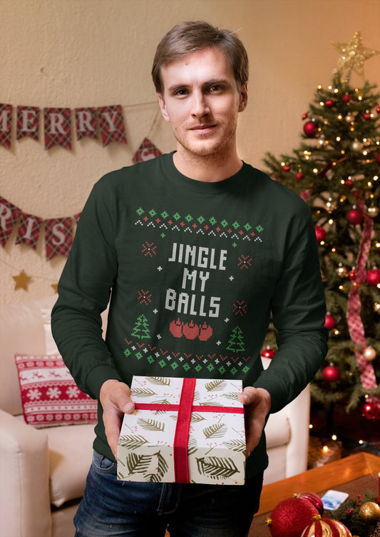 Forest Green Long Sleeve T shirt with Jingle my balls ugly christmas sweater print in lime green, red and white.