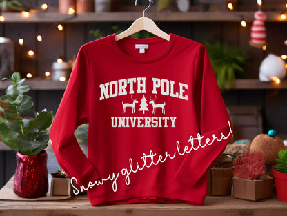 Christmas Sweatshirt, Glitter North Pole University Sweater, Santa Shirt, Family Christmas Squad, Xmas Tree, gift for her, womens crewneck