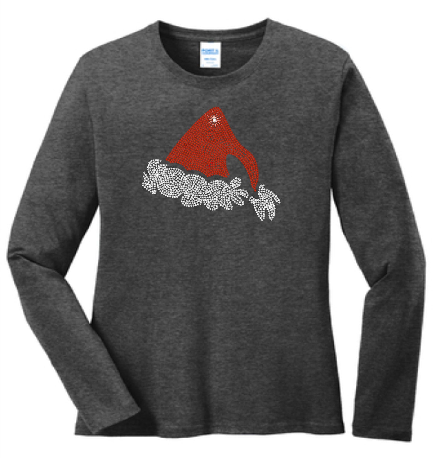 Dark heather grey long sleeve shirt with rhinestone Santa hat design.