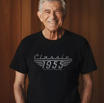Classic 1955 Limited Edition printed in greys on a black t.  Classic car inspired font.