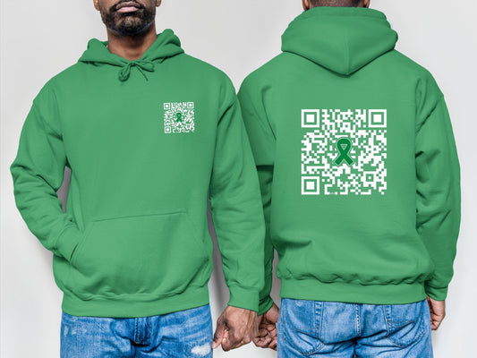 Kelly green hoodie, front and back view – Small QR code on the chest and oversized QR code on the back, each with a green ribbon in the center. Scans to a “F*ck Cancer” image in green for liver cancer support.