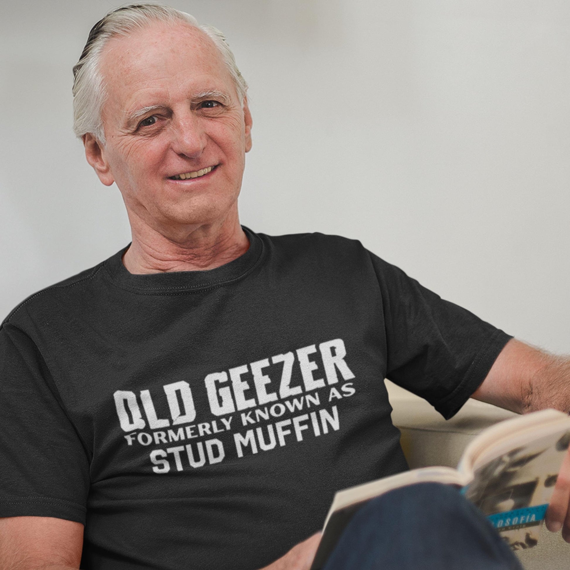 Old Geezer Formerly Known as Stud Muffin&quot; printed on dark heather gray t-shirt, funny men&#39;s tee for dads and grandpas