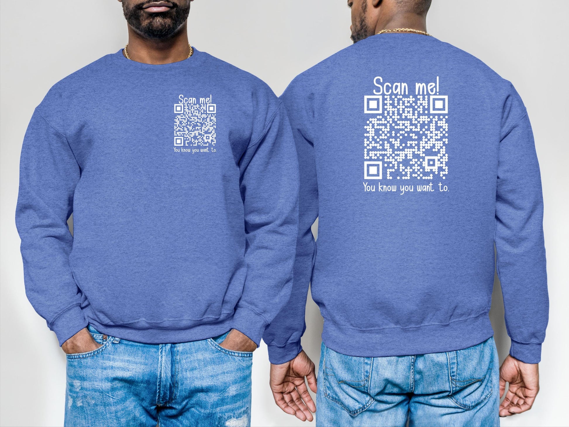 Heather royal sweatshirt showcasing uplifting QR code design, styled casually with jeans.