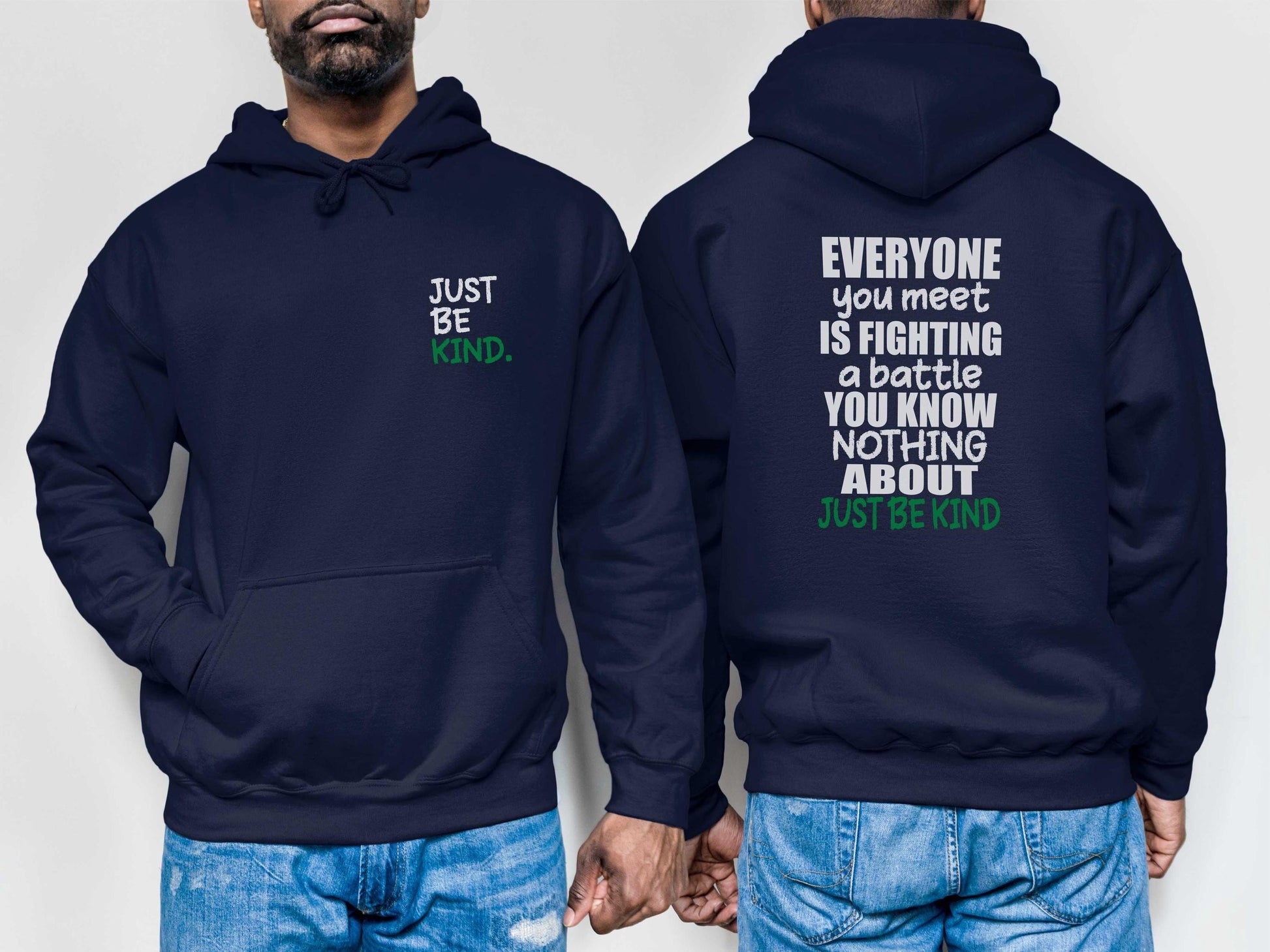 Navy hoodie, unisex fit, featuring a kindness message on the front and back.