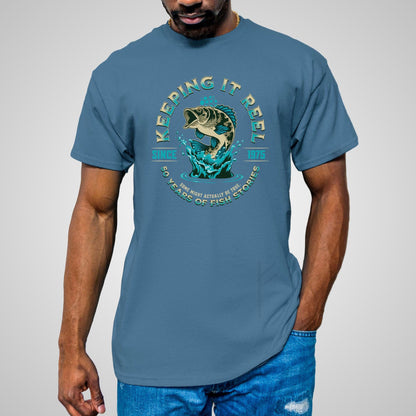 Indigo Blue fishing graphic t-shirt featuring &quot;50 Years of Fish Stories&quot; design, casual wear.