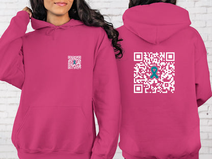 Fuck Cancer QR Code Sweatshirt or Hoodie, Fuck Ovarian Cancer Survivior Warrior Sweater, hidden message, Teal Awareness RIbbon, Gift for her