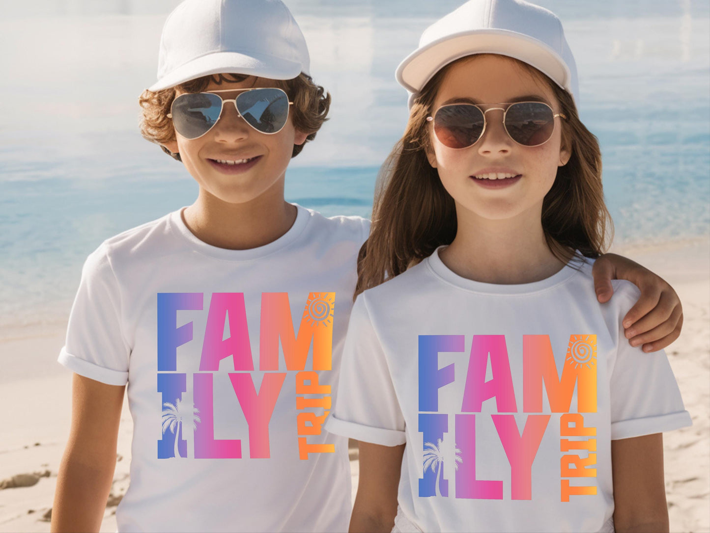 Two children wearing white personalized Family Trip shirts with a colorful tropical design on the beach.