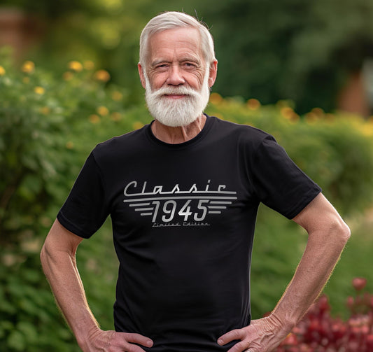 Black T shirt with Classic 1945 Limited Edition in shades of grey printed across the chest.  80th Birthday shirt.