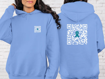 Fuck Cancer QR Code Sweatshirt or Hoodie, Fuck Ovarian Cancer Survivior Warrior Sweater, hidden message, Teal Awareness RIbbon, Gift for her