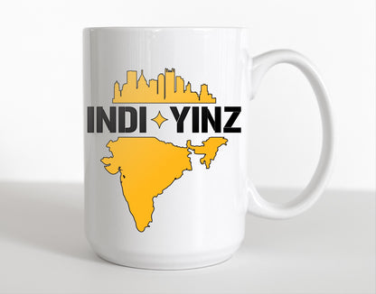 Indi-Yinz Indians Pittsburgh Indian Community Pittsburghese 15 oz coffee mug with the skyline of Pittsburgh at the top and the map of India at the bottom.