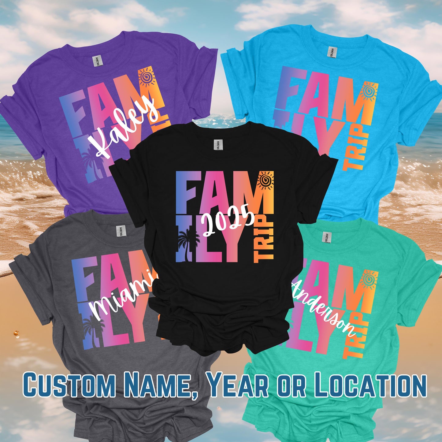 Group of colorful matching family trip shirts laid out with customization options like name, year, and location.