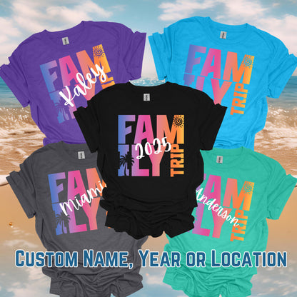 Group of colorful matching family trip shirts laid out with customization options like name, year, and location.