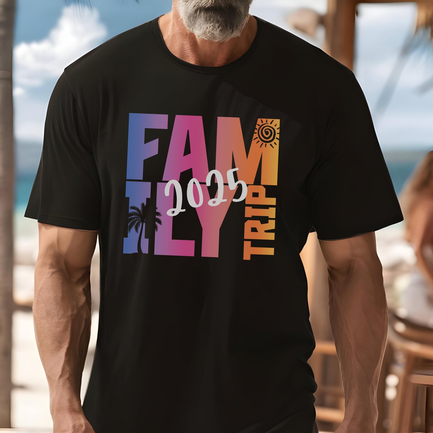 Man sporting a black Family Trip 2025 custom shirt with vibrant text and palm graphic.