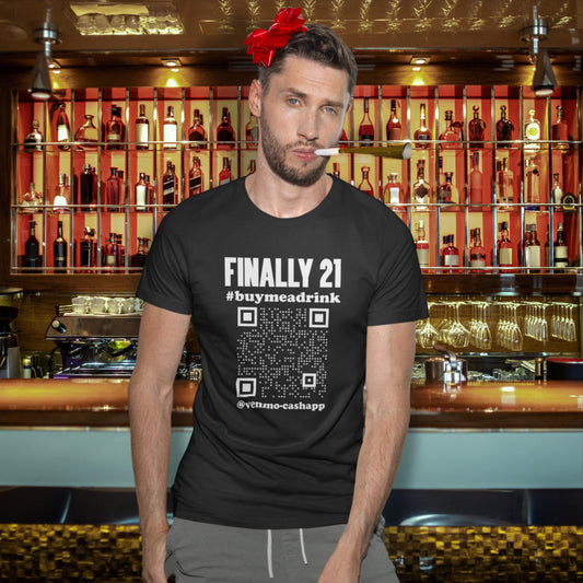Man wearing a black "Finally 21" t-shirt with a custom Venmo/CashApp QR code