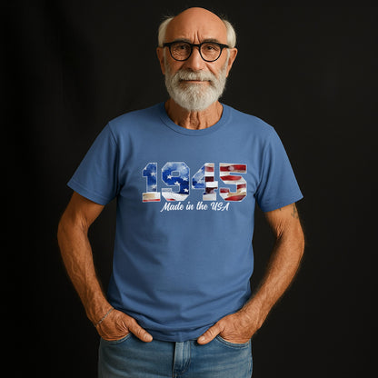 1945 Made in the USA t-shirt with American flag print, indigo blue tee, 80th birthday gift for grandpa, patriotic design