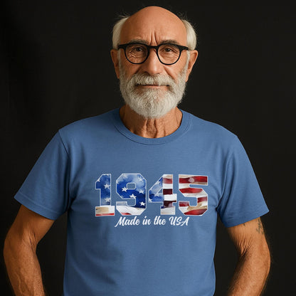 1945 Made in the USA t-shirt with American flag print, indigo blue tee, 80th birthday gift for grandpa, patriotic design
