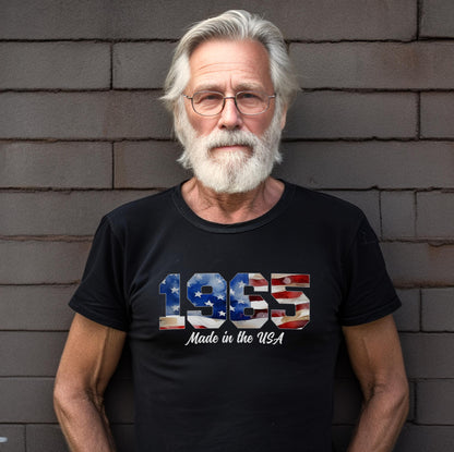 1965 Made in the USA t-shirt with American flag numbers, black tee, 60th birthday gift for men, patriotic design