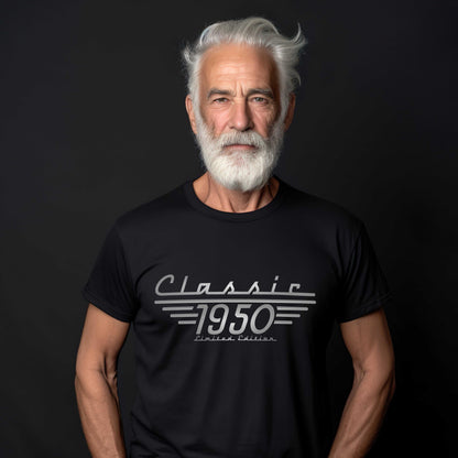 75th Birthday Classic 1950 grey print on black t shirt.  Great gift for those turning 75.  Also customizable to any year.