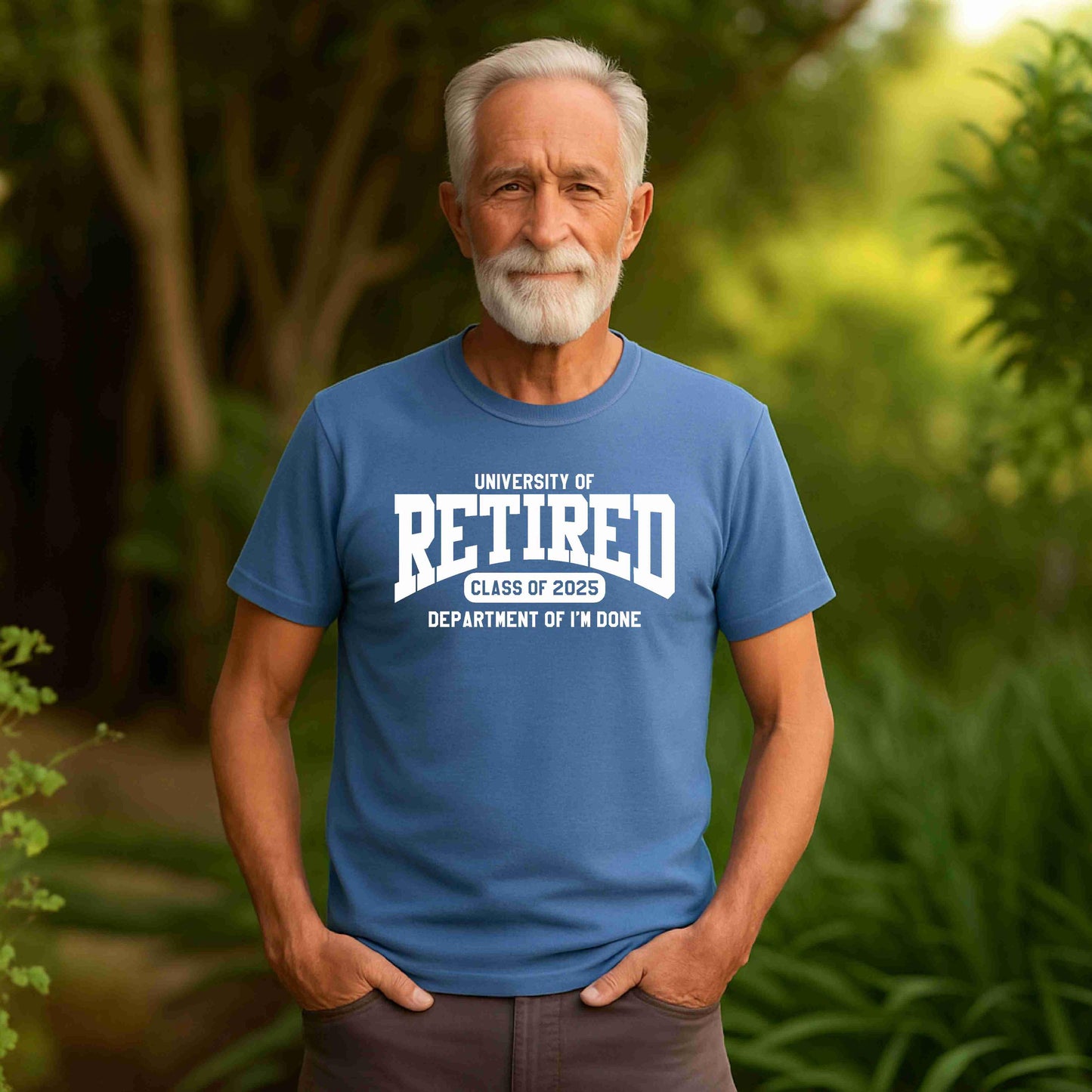 Model wearing indigo blue retirement tee with bold white text – humorous gift for someone retiring in 2025.