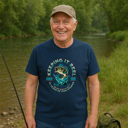 Smiling man at the river with a navy blue t shirt with a keeping it reel since 1955, 70 years of fish stories, print.  Excellent 70th Birthday gift for that fishing enthusiast.