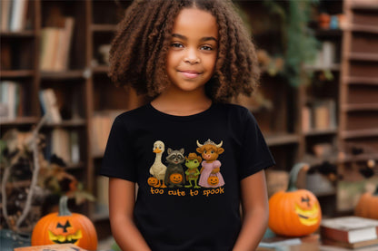 Black youth Halloween shirt featuring adorable animal trick-or-treaters and &quot;Too Cute to Spook&quot; text.