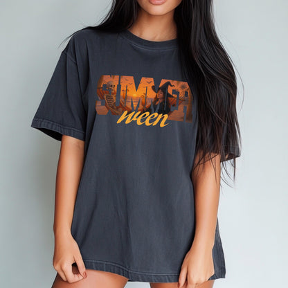 Pepper Comfort Colors tee modeled, featuring tropical witch and skeleton print