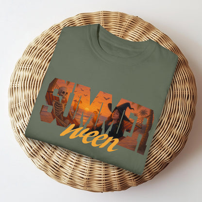 Moss green Comfort Colors folded tee with spooky beach Halloween design