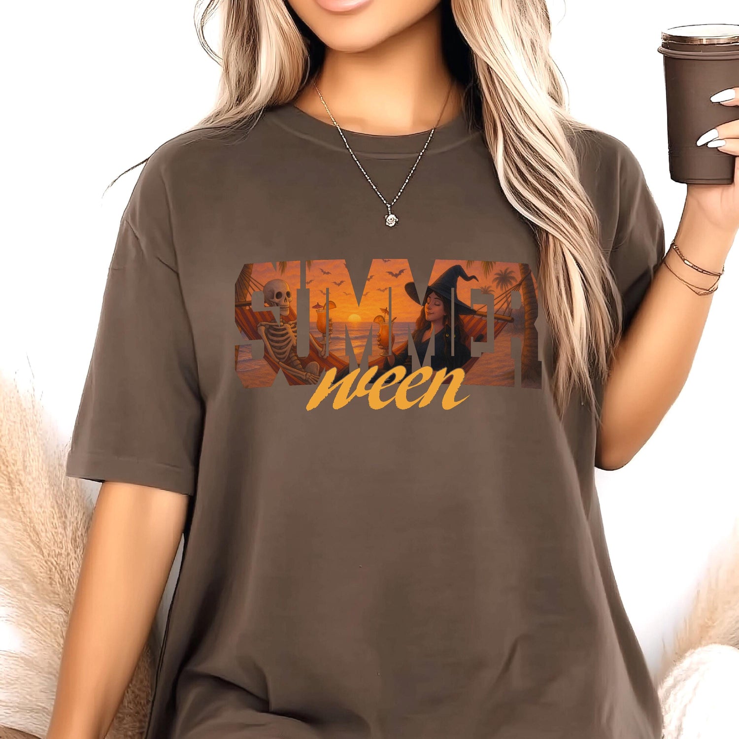 Espresso Comfort Colors tee with Summerween sunset witch and skeleton graphic