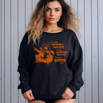 Funny witch Halloween sweatshirt in black with retro pin-up ghost graphic and spooky water text design.