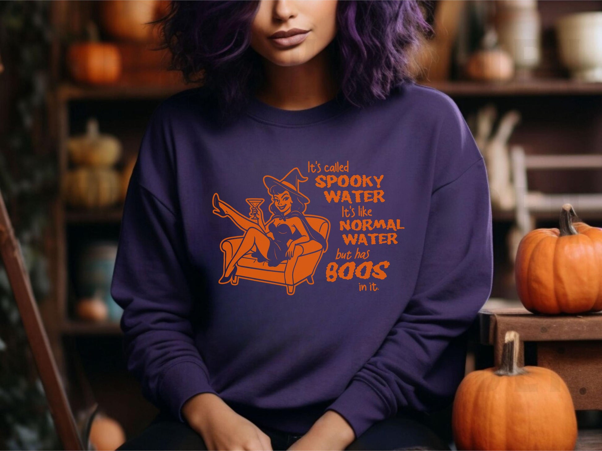 Purple fall sweatshirt with vintage pin-up witch and funny Halloween ghost pun, plus size friendly.