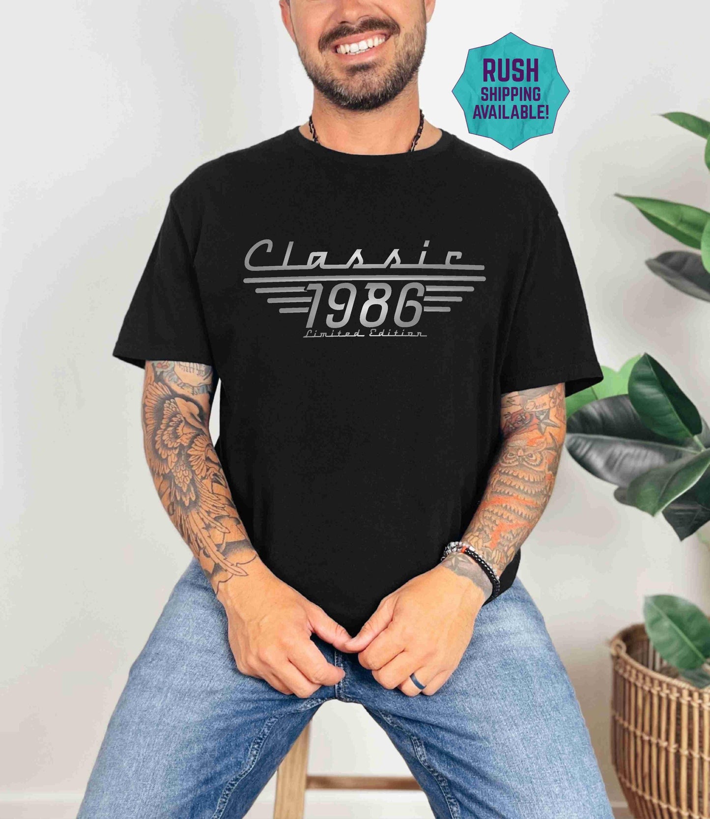 Man wearing an indigo blue Classic 1986 Limited Edition tee, a vintage-style 40th birthday shirt.