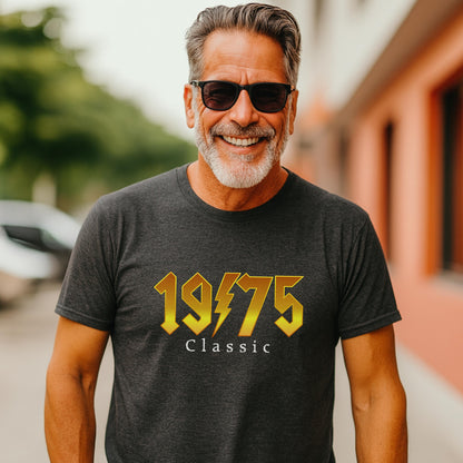 Dark heather grey tee with “1975 Classic” rock design, worn by smiling man with sunglasses