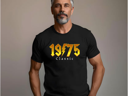Black T-shirt with bold “1975 Classic” gold lightning bolt graphic, modeled by older man