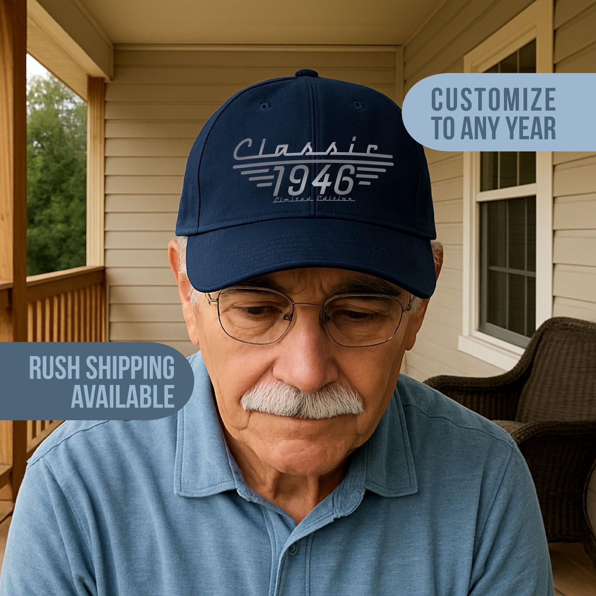 Man wearing a navy Classic 1946 Limited Edition baseball cap for his 80th birthday.  Customizable to any year, rush shipping available
