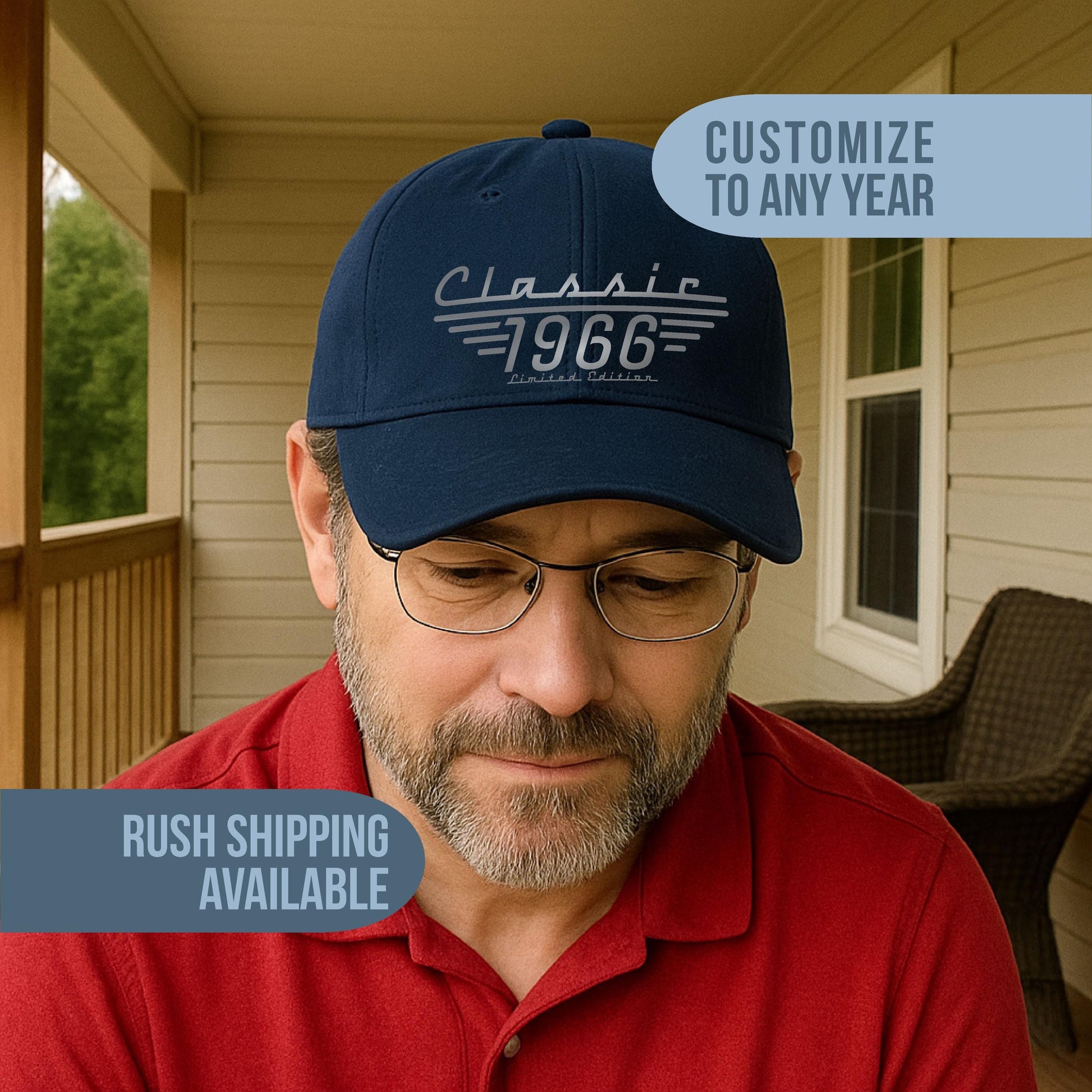 60 year old man wearing a Classic 1966 Limited Edition Navy baseball cap for his 60th Birthday, Customize year, rush shipping available.